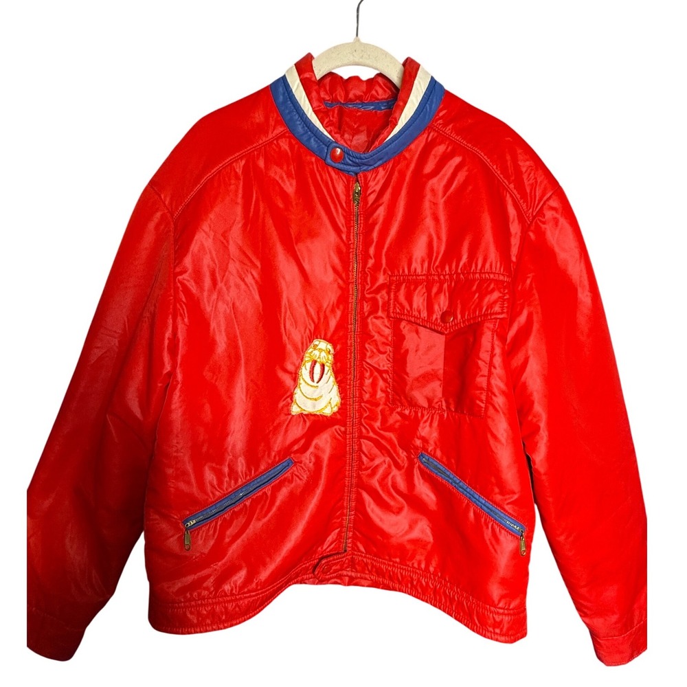 70s Red Nylon Walrus Patch Bomber Jacket Women Large